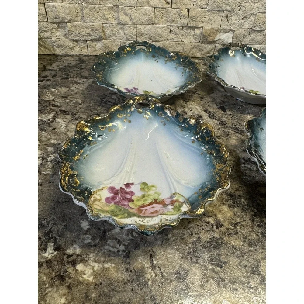 Vintage Pink Rose & Grapes W/Gold Accent Porcelain China 1 Handled 4 Fruit Bowls